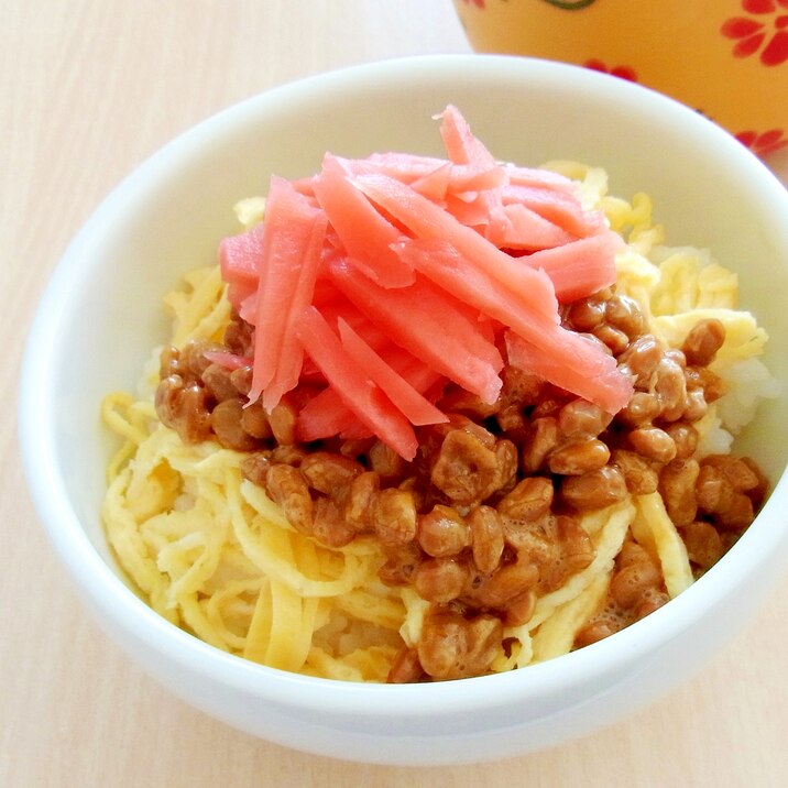 錦糸卵と紅生姜の納豆丼